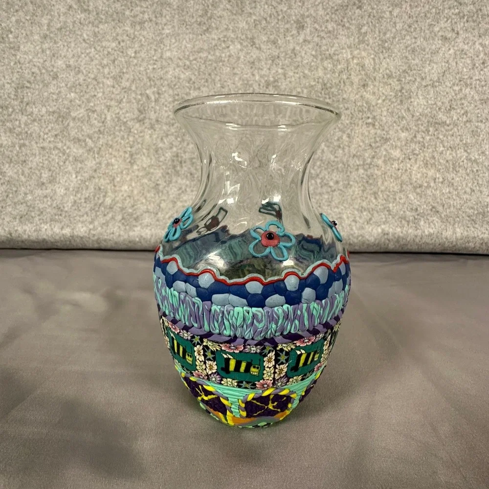 Handmade Polymer Clay Overlay Vase Small Multicolor Floral Bee Art Glass